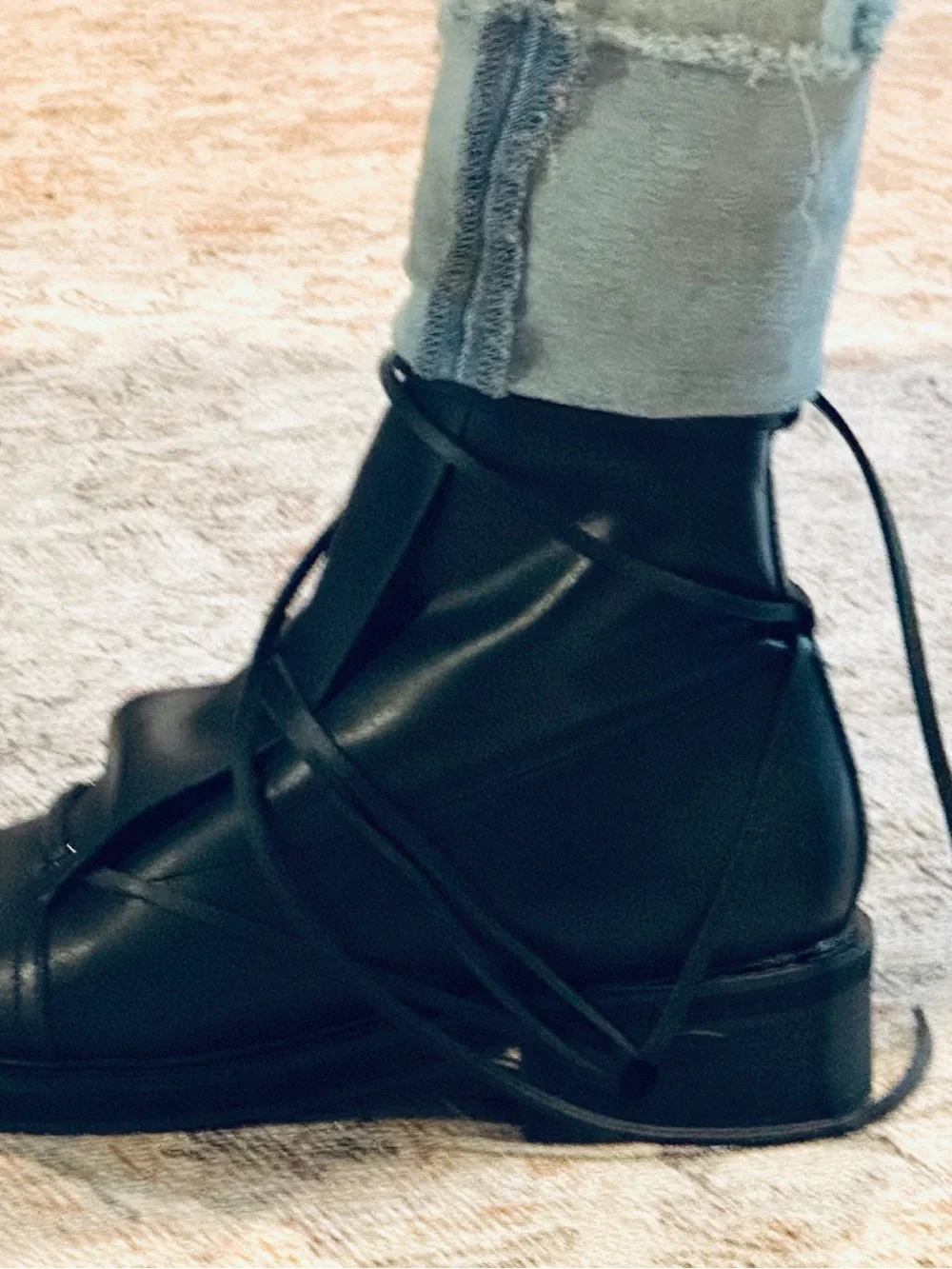 Black Leather Lace-Wrap Ankle Boot